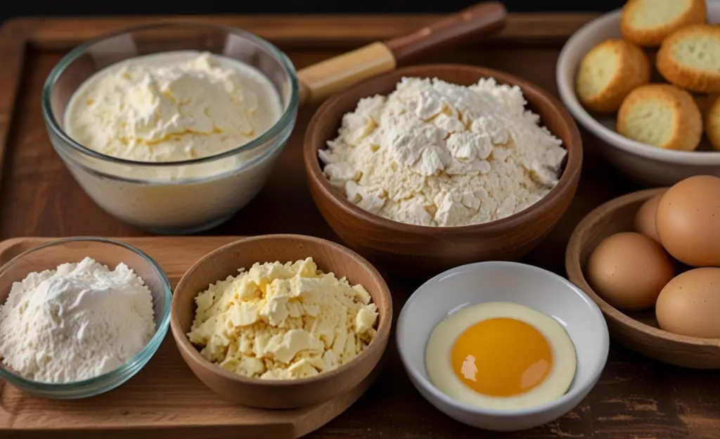 Ingredients for making biscuits including flour, butter, sugar, eggs, baking powder, and vanilla extract.