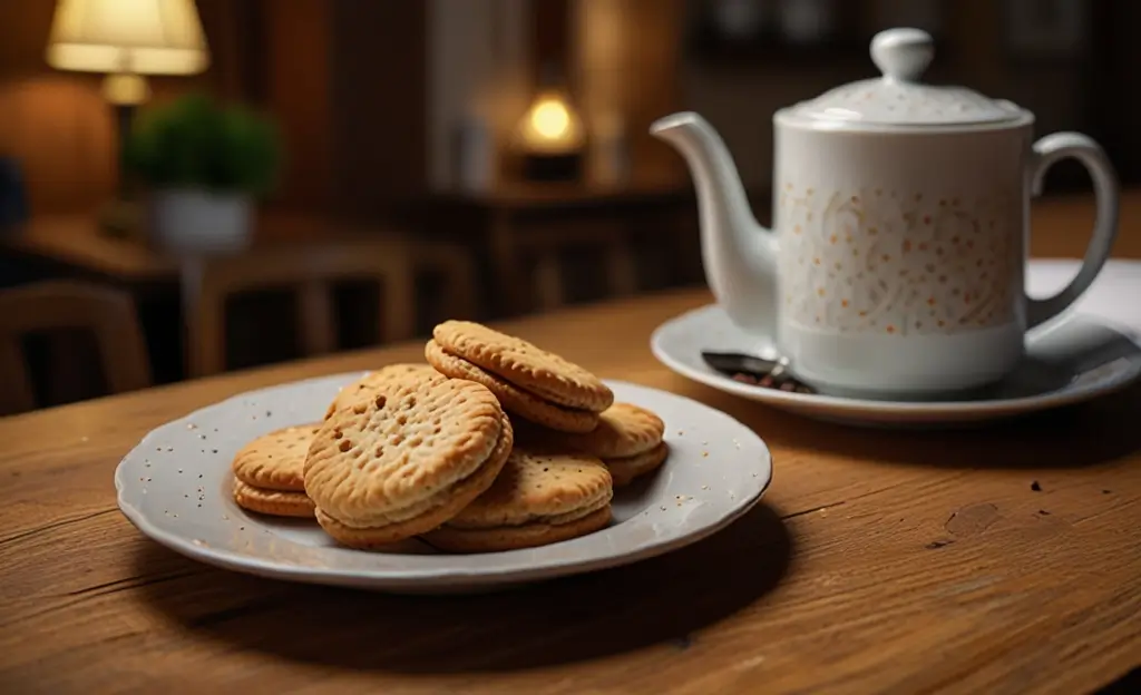 A cozy kitchen scene with a plate of fresh biscuits from "العبد," a cup of tea, and a price tag for "سعر كيلو البسكويت في العبد.