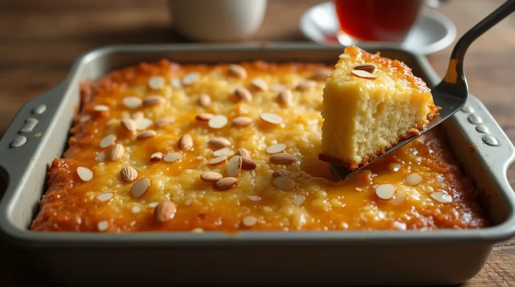 كعكة البسبوسة ذات اللون البني الذهبي مع القطر واللوز، تقدم في صينية الخبز.