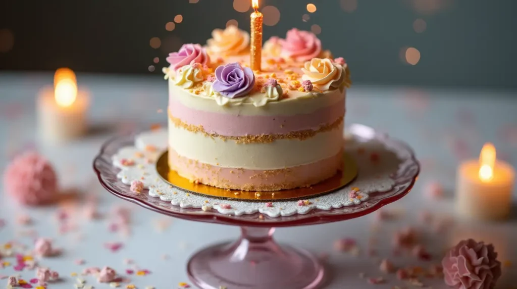 اشكال كيك عيد ميلاد اطفال بنات يتم تقديمها على حامل كعكة مع زخارف الباستيل وشمعة براقة، محاطة بعناصر حفل احتفالية.