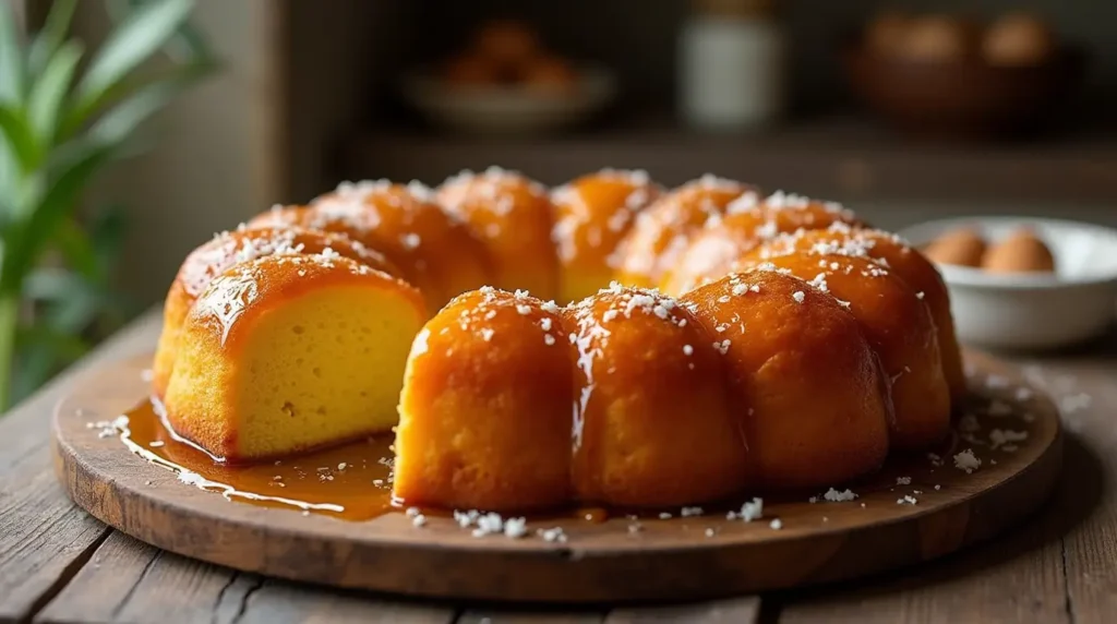 كعكة البسبوسة الطازجة المخبوزة مع القطر واللوز وجوز الهند على طاولة خشبية.