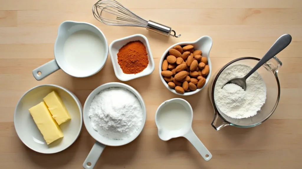 طريقة عمل البسبوسة الجاهزة اللذيذة بـ3 خطوات سهلة 1 مكونات عمل البسبوسة مرتبة بشكل أنيق على سطح خشبي.