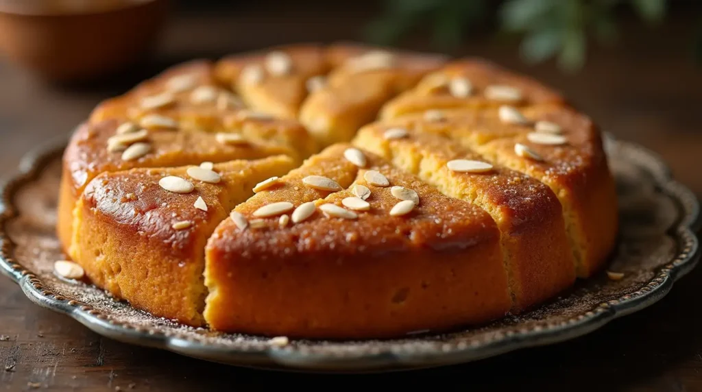 بسبوسة ذهبية باللوز والقطر على طبق ريفي.