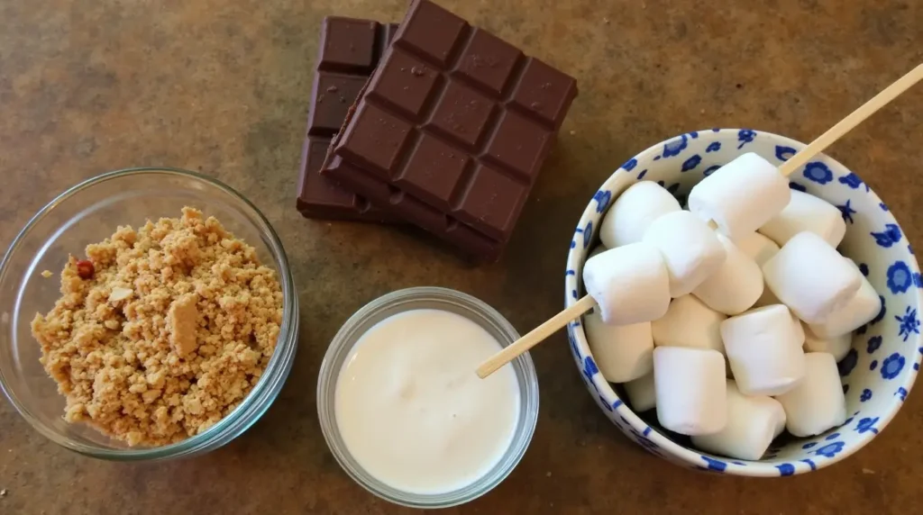بار سموؤرز اللذيذ: 5 خطوات سهلة لوصفة مثالية 1 مجموعة مختارة من المكونات الخاصة ببارات S’mores، بما في ذلك فتات البسكويت، وشوكولاتة الحليب، والمارشميلو، وبسكويت التوت البري، معروضة على طاولة خشبية.