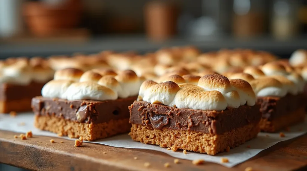 لقطة قريبة من بارات S’mores الطازجة، التي تحتوي على أعشاب من الفصيلة الخبازية المحمصة، والشوكولاتة المذابة، وبسكويت الجراهام المطحون، موضوعة على طاولة خشبية ريفية.