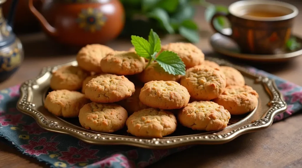 بسكويت الغريبة المغربي الواقعي معروض على طاولة ريفية مع المكونات المنتشرة حولها.