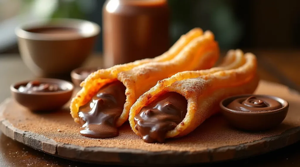 كرات الشورو المحشوة بالنوتيلا، ذهبية ومقرمشة من الخارج، مع حشوة نوتيلا لذيذة تخرج من الداخل، تقدم مع نوتيلا إضافية وفنجان من الشوكولاتة الساخنة.