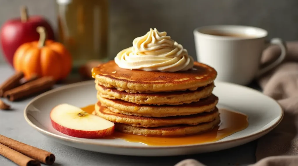 فطائر الشوفان بالكريمة اليقطينية مع التفاح والكراميل في جو دافئ.