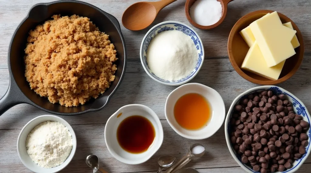 طريقة بسكويت رقائق الشوكولاتة المطبوخ في المقلاة في 2025 1 مكونات بسكويت رقائق الشوكولاتة المطبوخ في المقلاة بما في ذلك السكر، الزبدة، الدقيق، البيض، رقائق الشوكولاتة والمزيد.