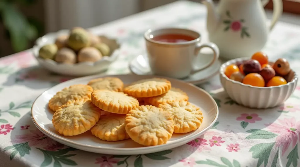 صورة لطاولة تقديم أنيقة مع بسكوت لسان القط وشاي مغربي بالنعناع وفواكه مجففة.