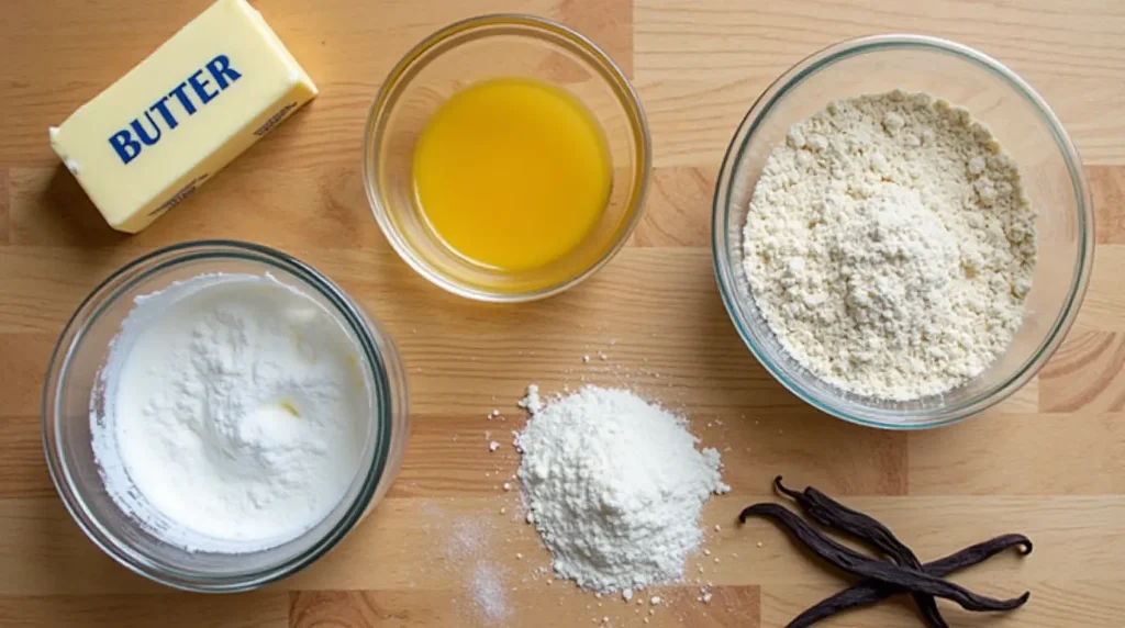 صورة مقربة من المكونات الأساسية لبسكويت لسان القط مرتبة على سطح خشبي.