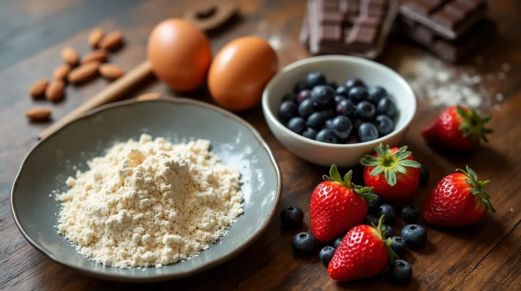 طريقة تحضير البوق لوكارب في 2025 وبشكل احترافي 1 مكونات طازجة لتحضير البوق لوكارب مثل دقيق اللوز والبيض والشوكولاتة الداكنة والتوت.