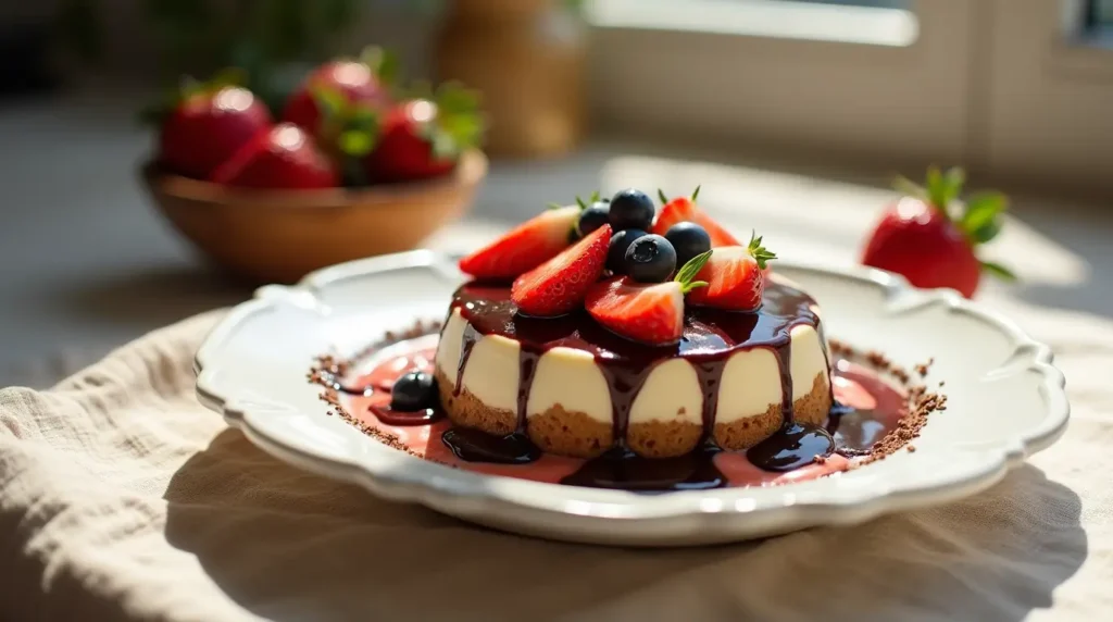 طريقة تحضير البوق لوكارب في 2025 وبشكل احترافي 2 البوق لوكارب مقدم على طبق مع فواكه طازجة ورشّة من صوص الشوكولاتة.