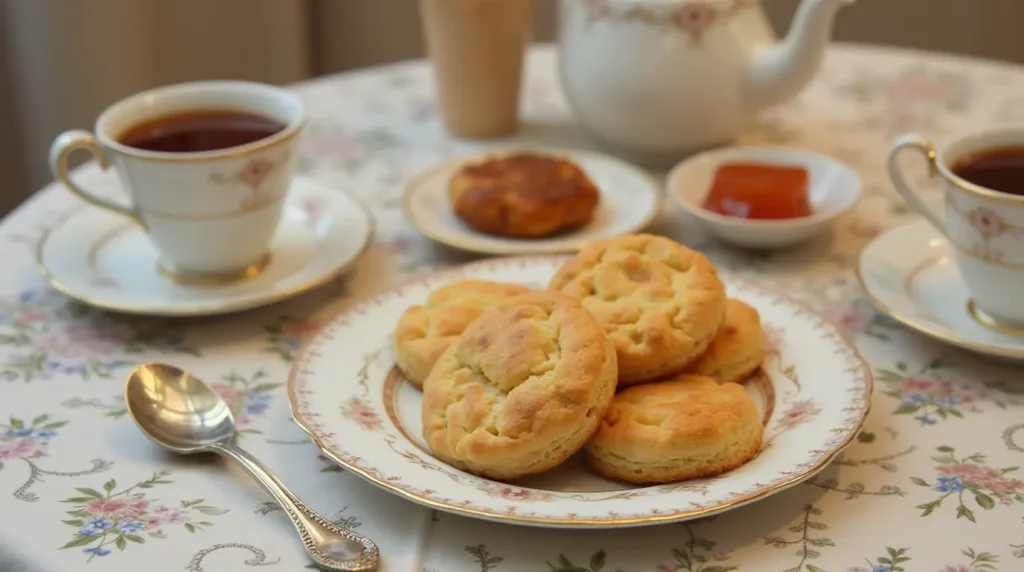 بسكويت لسان القط يُقدّم مع مربى وكوب شاي على طبق بورسلين فاخر، في تقديم أنيق لوقت الشاي.