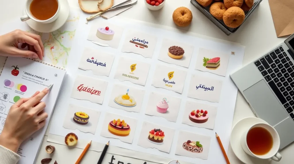 اقوى اسم محل حلويات يجذب الزبائن في سنة 2025 2 لوحة عرض إبداعية تحتوي على أوراق وألواح مكتوب عليها أسماء مميزة لمحل حلويات باللغة العربية، مع تصميمات شعارات وألوان جذابة لاسم محل حلويات يجذب الزبائن.