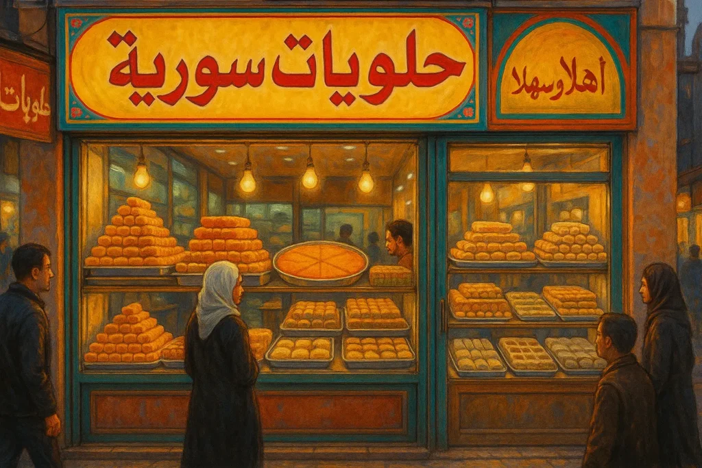 مجموعة من الحلويات السورية التقليدية ولافتات المتاجر العربية النابضة بالحياة التي توضح "اسماء محلات حلويات في سوريا" مع مشاهد مخبوزات دافئة وجذابة.