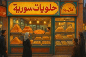 مجموعة من الحلويات السورية التقليدية ولافتات المتاجر العربية النابضة بالحياة التي توضح "اسماء محلات حلويات في سوريا" مع مشاهد مخبوزات دافئة وجذابة.