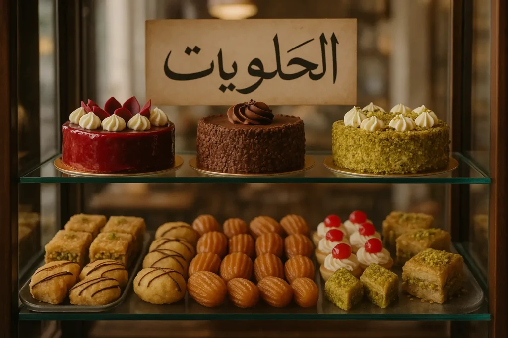 اسماء محلات حلويات في سوريا تبعث البهجة | 15 فكرة جذابة 1 مكونات أساسية للحلويات السورية مرتبة على طاولة خشبية.
