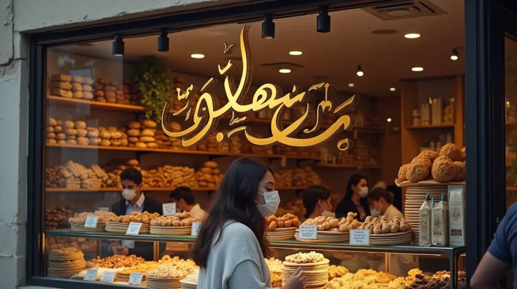 واجهة مخبز عربي مع لافتة "اسم مشروع حلويات بالعربي" وعرض حلويات شرقية تقليدية
