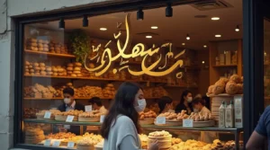 واجهة مخبز عربي مع لافتة "اسم مشروع حلويات بالعربي" وعرض حلويات شرقية تقليدية
