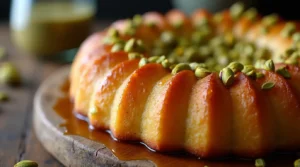 بسبوسة ذهبية طازجة مع مكسرات الفستق على سطح خشبي ريفي.