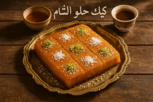 كيك حلو الشام التقليدي مزين بالفستق وجوز الهند على طاولة خشبية.