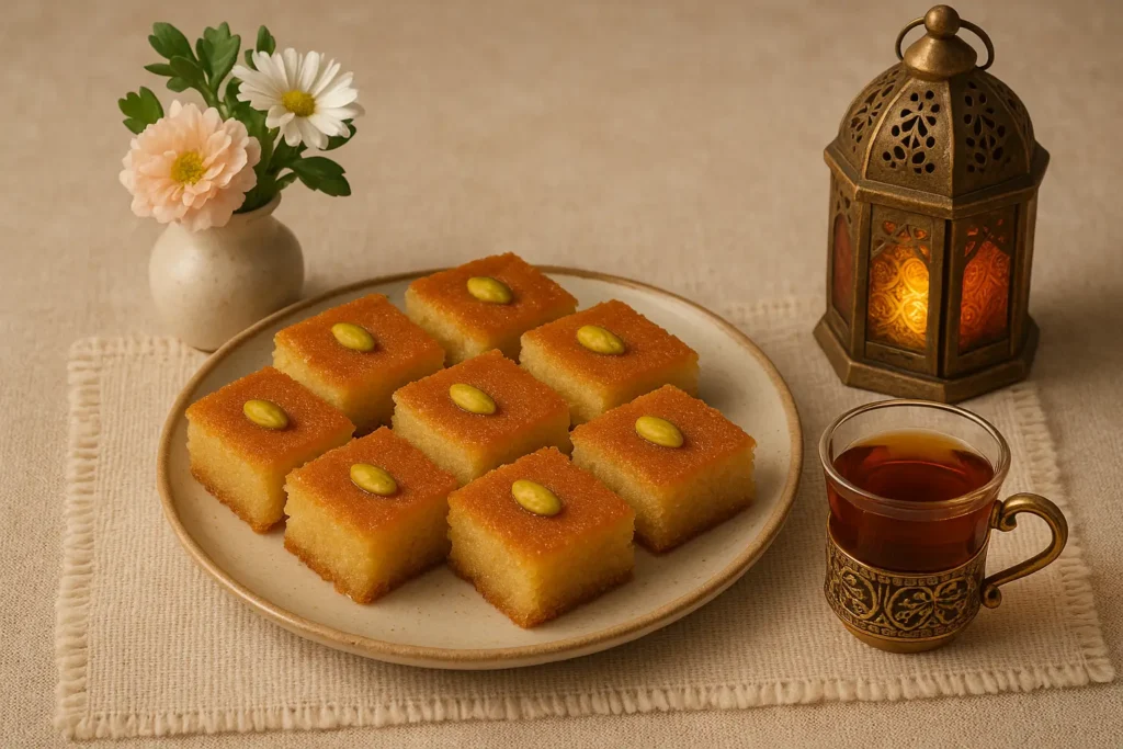 طبق من مربعات البسبوسة مع كوب شاي عربي على طاولة دافئة وجميلة