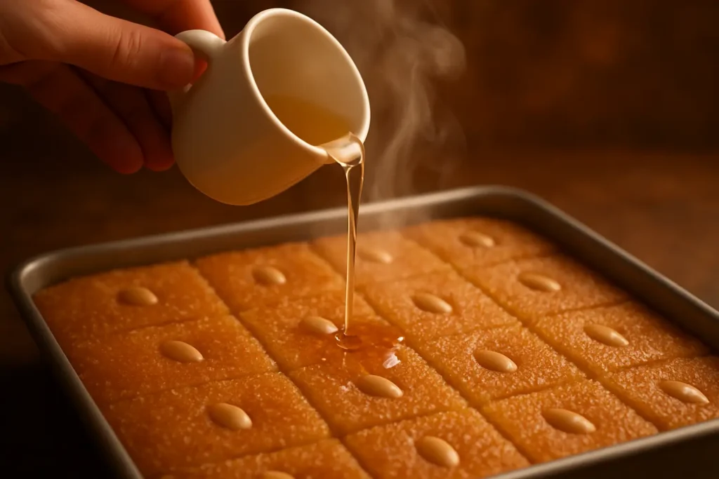 سكب الشربات الساخن على بسبوسة طازجة في صينية