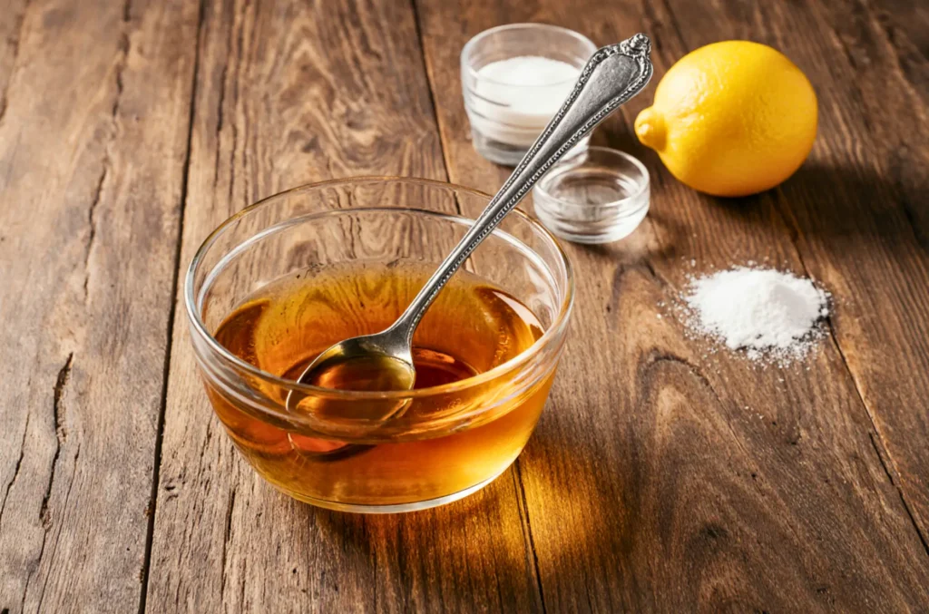 طريقة عسل البسبوسة الذهبية: 5 خطوات قوية وسهلة 2
طريقة عسل البسبوسة ووعاء عسل بسبوسة مع المكونات الجانبية