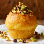بسبوسة مصرية ذهبية مزينة بالمكسرات على طبق أبيض.