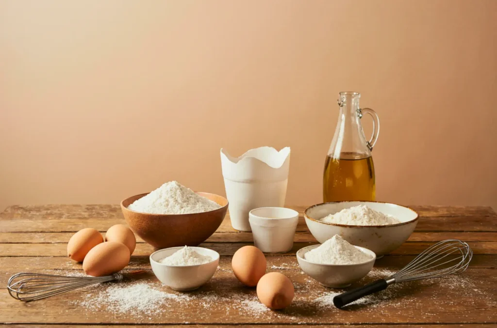 مكونات الكيك الحلزوني على طاولة خشبية مع وعاء خلط