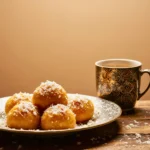 طبق بسبوسة طرية ذهبية مع رشّة جوز الهند وكوب شاي مغربي على طاولة خشبية.