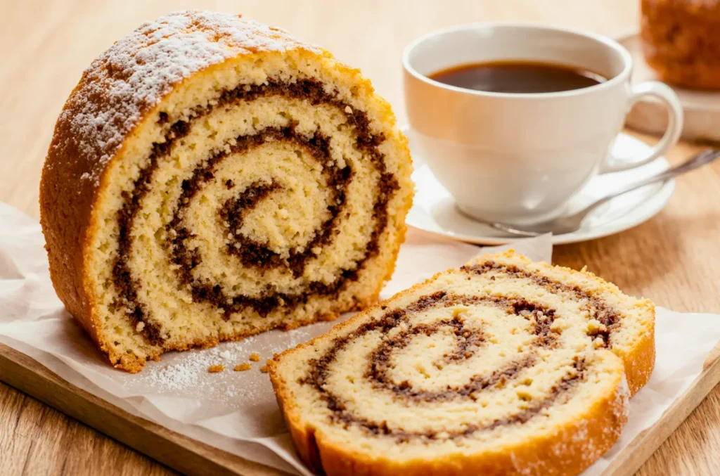 كيكة حلزونيه مقطعة تظهر الطبقات والهشاشة.