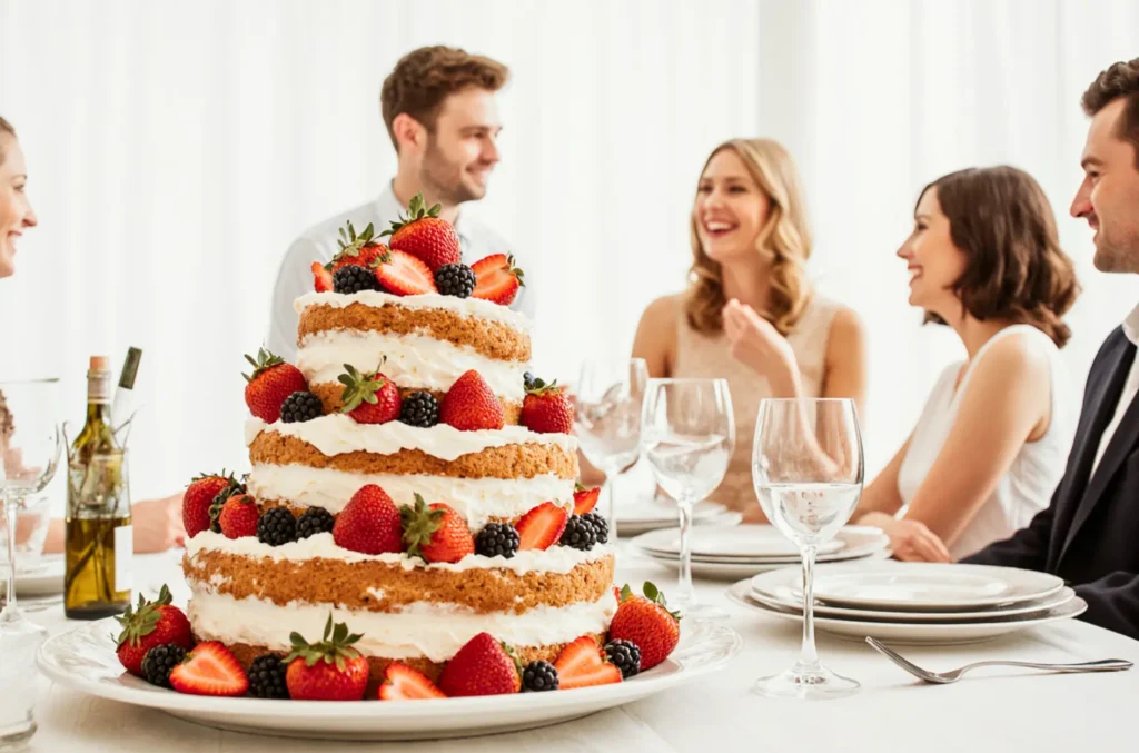 كيكة حلزونيه مزينة بالكريمة والفواكه على طاولة ضيافة.