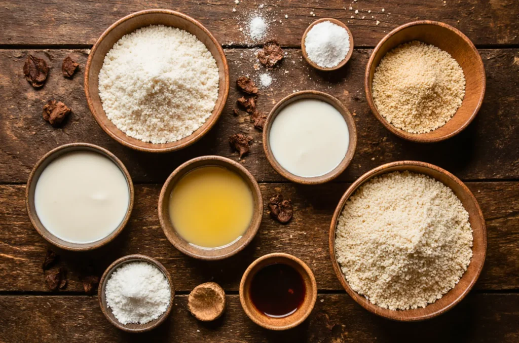 مكونات البسبوسة التقليدية مرتبة على طاولة قبل التحضير.
